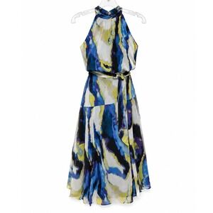 DKNY Halter‎ Midi Dress Womens 4 Blue Yellow Vertical Wave Chiffon Belted Boho